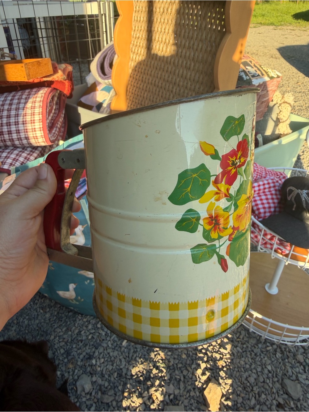 Vintage Floral Metal Sifter with Yellow Gingham
